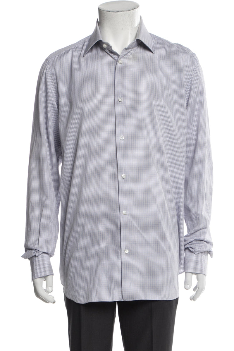RealReal,Battistoni, Battistoni Blue/Tan Plaid Print Long Sleeve Shirt, Blue, Large-48-TagL