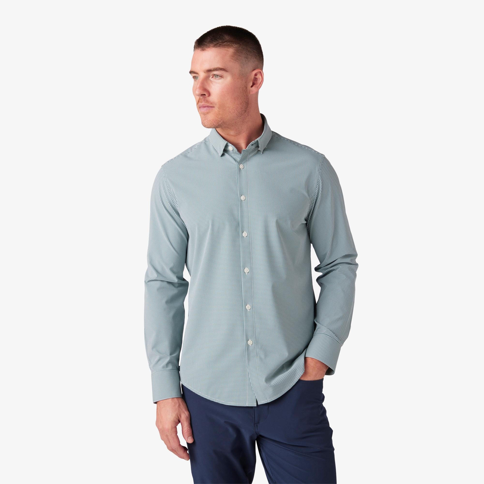 Wholesale,Mizzen + Main, Mizzen + Main Green Check Trim No Tuck Four-way Stretch Long Sleeve Shirt, Green, Large-45-TagLExtra Large-48-TagXLMedium-42-TagMExtra Extra Large-51-TagXXL