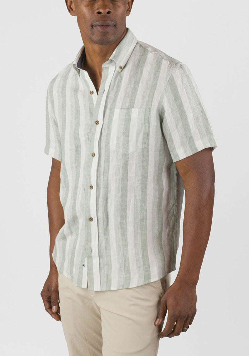Brand Partner,Tailor Vintage, Tailor Vintage Green/White Stripe Puretec Cool Cotton/Linen Blend Shirt, Green, Small-41-TagSMedium-44-TagMLarge-47-TagLExtra Large-51-TagXLExtra Extra Large-55-TagXXL