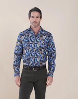 R2 Amsterdam Navy Tropical Print Long Sleeve Button Up