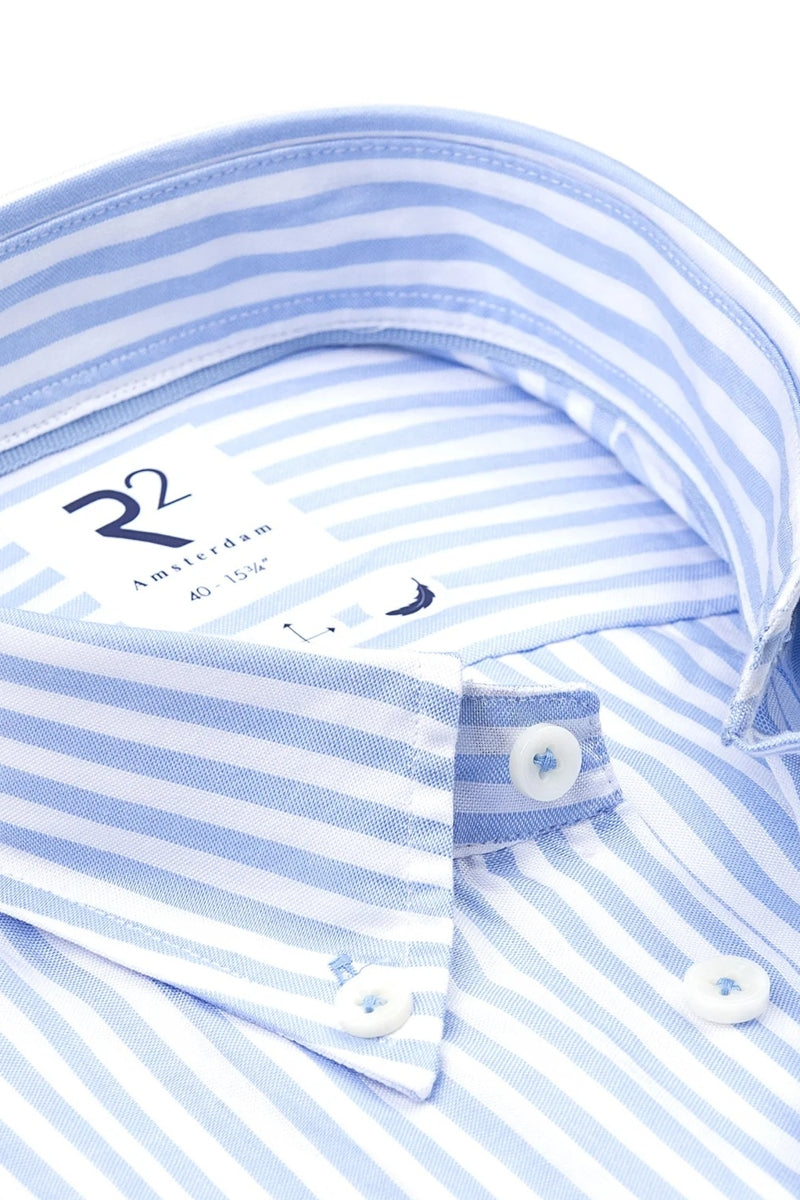 Direct From Brand,R2 Amsterdam, R2 Amsterdam Light Blue/White Striped Tencel Blend Shirt, Blue, Large-46-Tag42