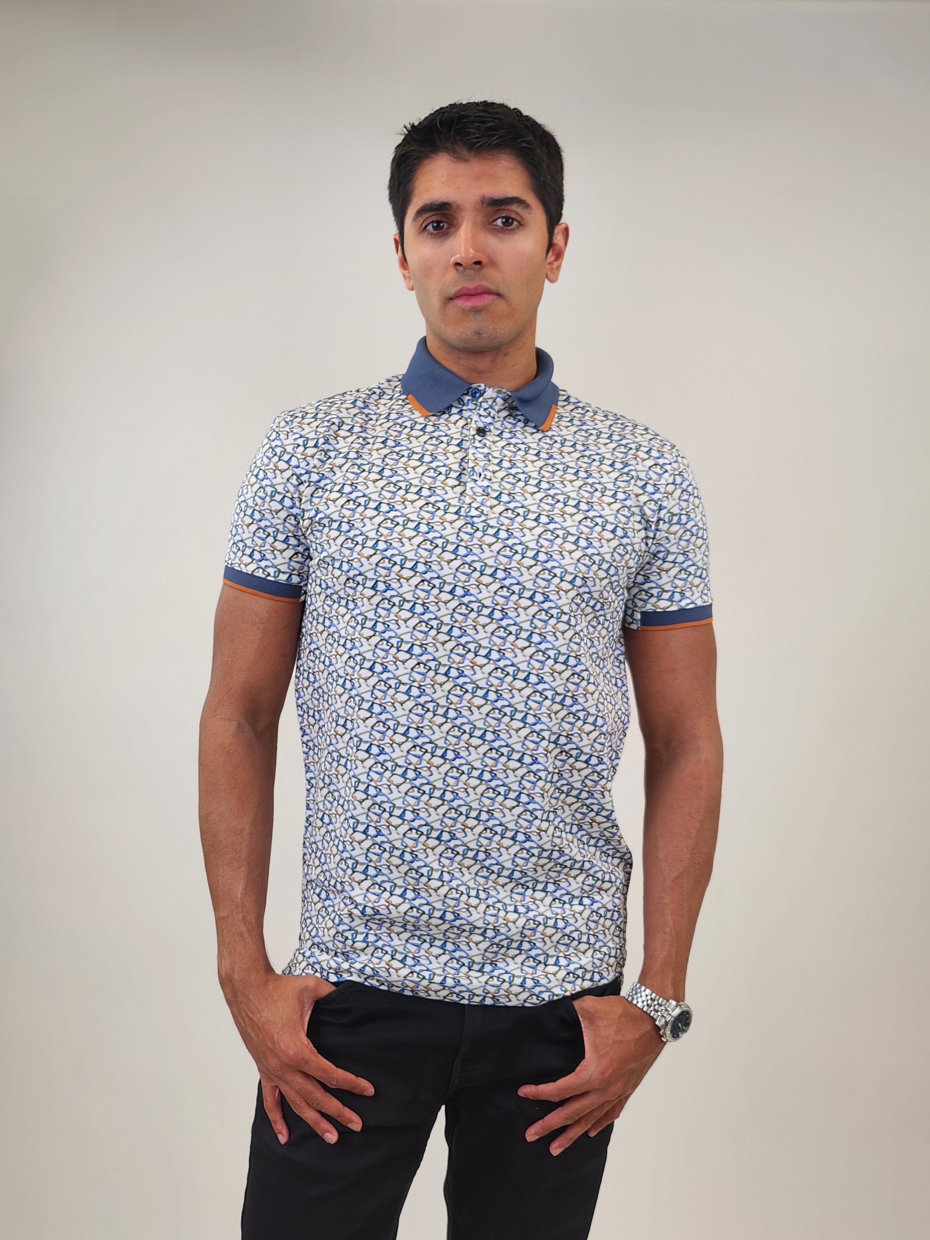 Brand Partner,R2 Amsterdam, R2 Amsterdam White/Blue Chain Print Pique Polo, White, Medium-40-TagM