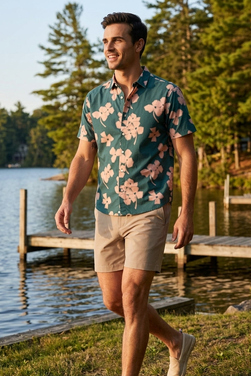 Wholesale,Fundamental Coast, Fundamental Coast Green/Rose Geo Floral Print Shirt, Green, Small-41-TagSMedium-44-TagMLarge-47-TagLExtra Large-50-TagXLExtra Extra Large-53-TagXXL