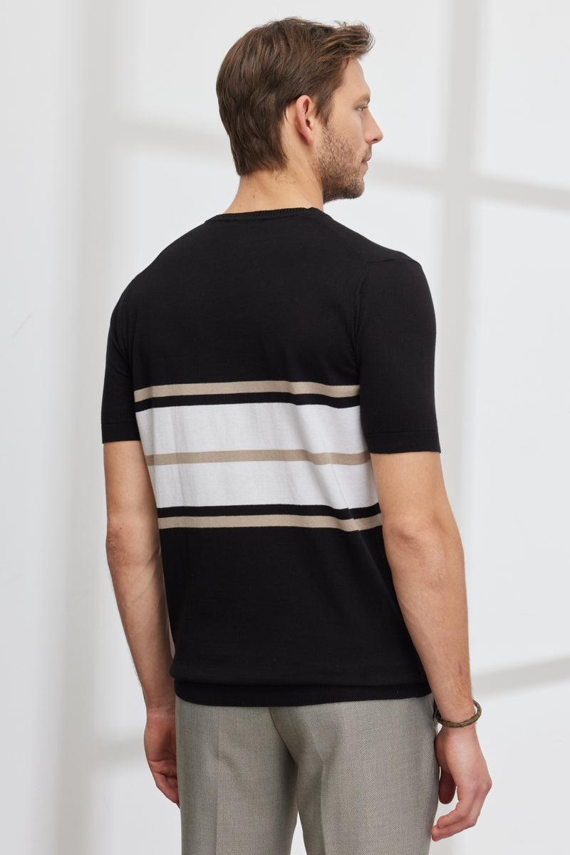 Wholesale,Altinyildiz Classics, Altinyildiz Classics Black with White/Tan Striped Knit T-Shirt, Black, Small-39-TagSMedium-41-TagM
