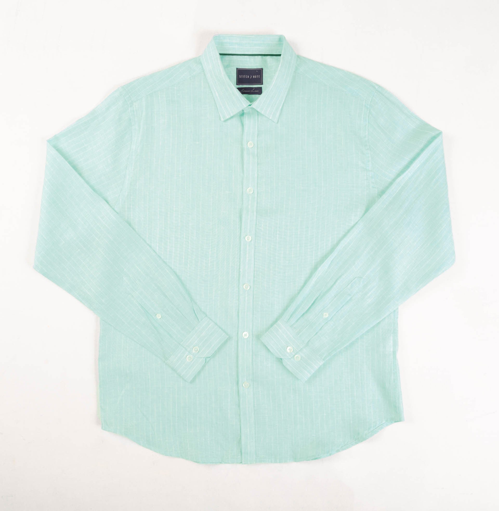 Brand Partner,Stitch Note, Stitch Note Mint Stripped European Linen Classic Long Sleeve Shirt, Green, Extra Large-49-TagXXL