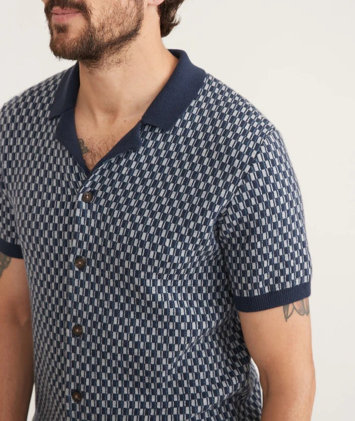 Wholesale,Marine Layer, Marine Layer Blue Geo Short Sleeve Heavy Knit Button Down, Blue, Extra Large-49-TagXL