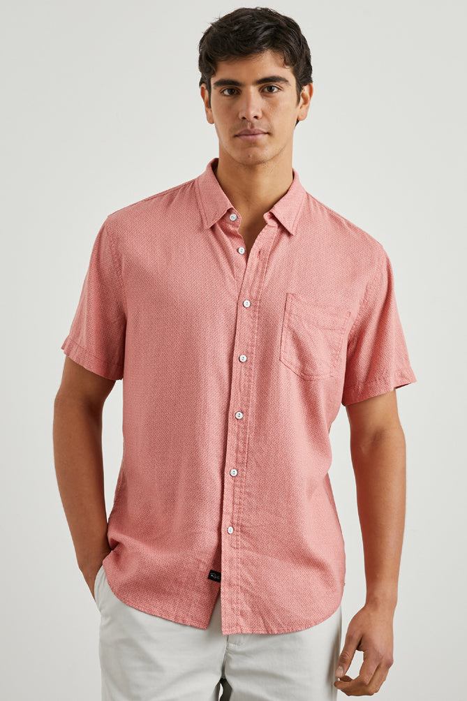 Wholesale,Rails, Rails Khaki Red Geo Print Short Sleeve Linen Blend Shirt, Red, Medium-43-TagMLarge-48-TagLExtra Large-52-TagXLSmall-41-TagS