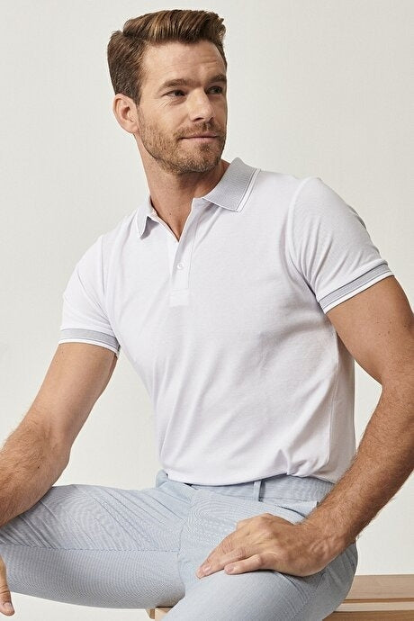 Wholesale,Altinyildiz Classics, Altinyildiz Classics White with Grey Contrast Slim Cut Knit Polo, White, Extra Large-46-TagXL