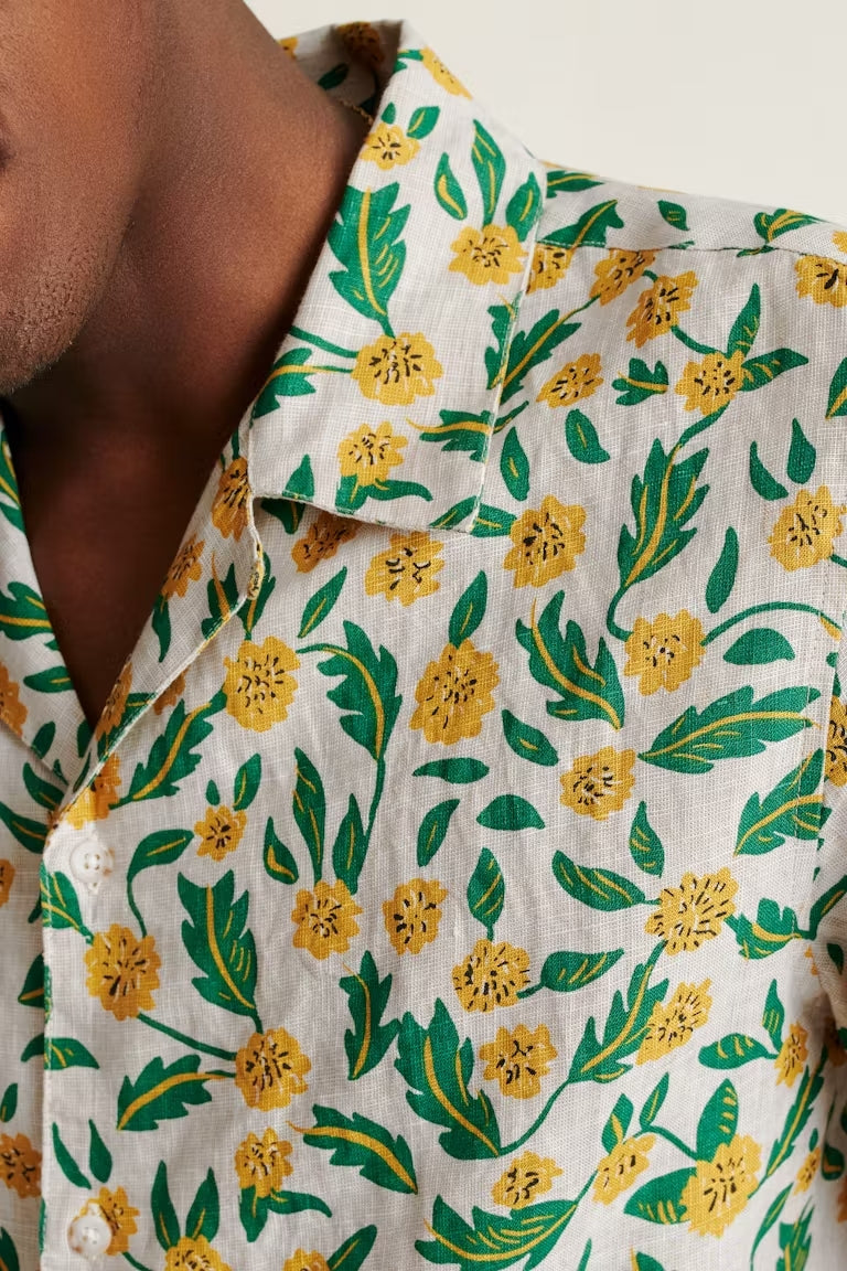 Wholesale,Bonobos, Bonobos Yellow Floral Print Short Sleeve Linen Shirt, Yellow, Large-46-TagL