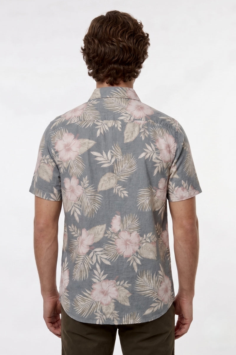 Wholesale,Projek Raw, Projek Raw Charcoal/Pink Tropical Linen Blend Short Sleeve Shirt, Grey, Small-41-TagSMedium-43-TagMLarge-46-TagLExtra Large-48-TagXLExtra Extra Large-50-TagXXL
