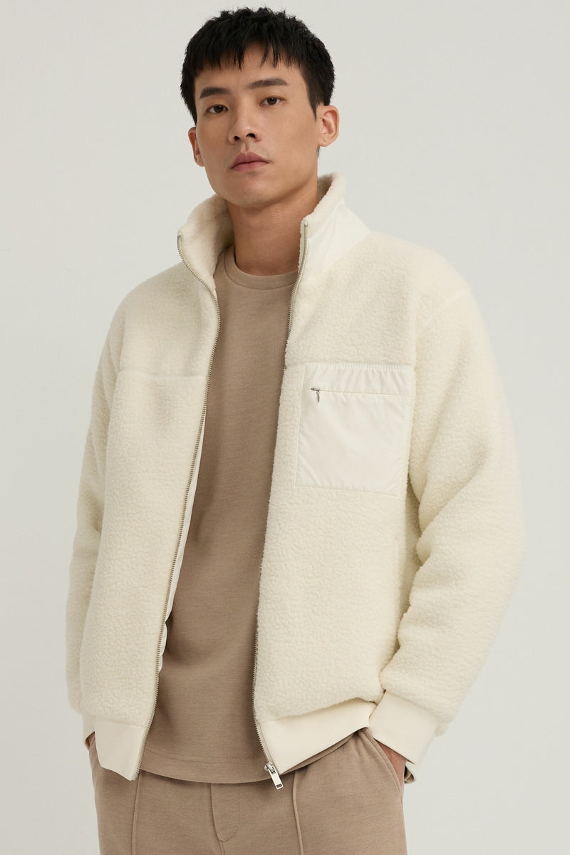 Direct From Brand,FYNE, FYNE Off-White Fuzzy Stand Collar Fleece Jacket, White, Large-48-TagL