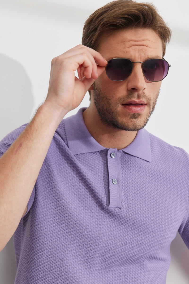 Wholesale,Altinyildiz Classics, Altinyildiz Classics Lilac Knit Textured Weave Polo, Purple, Large-43-TagL