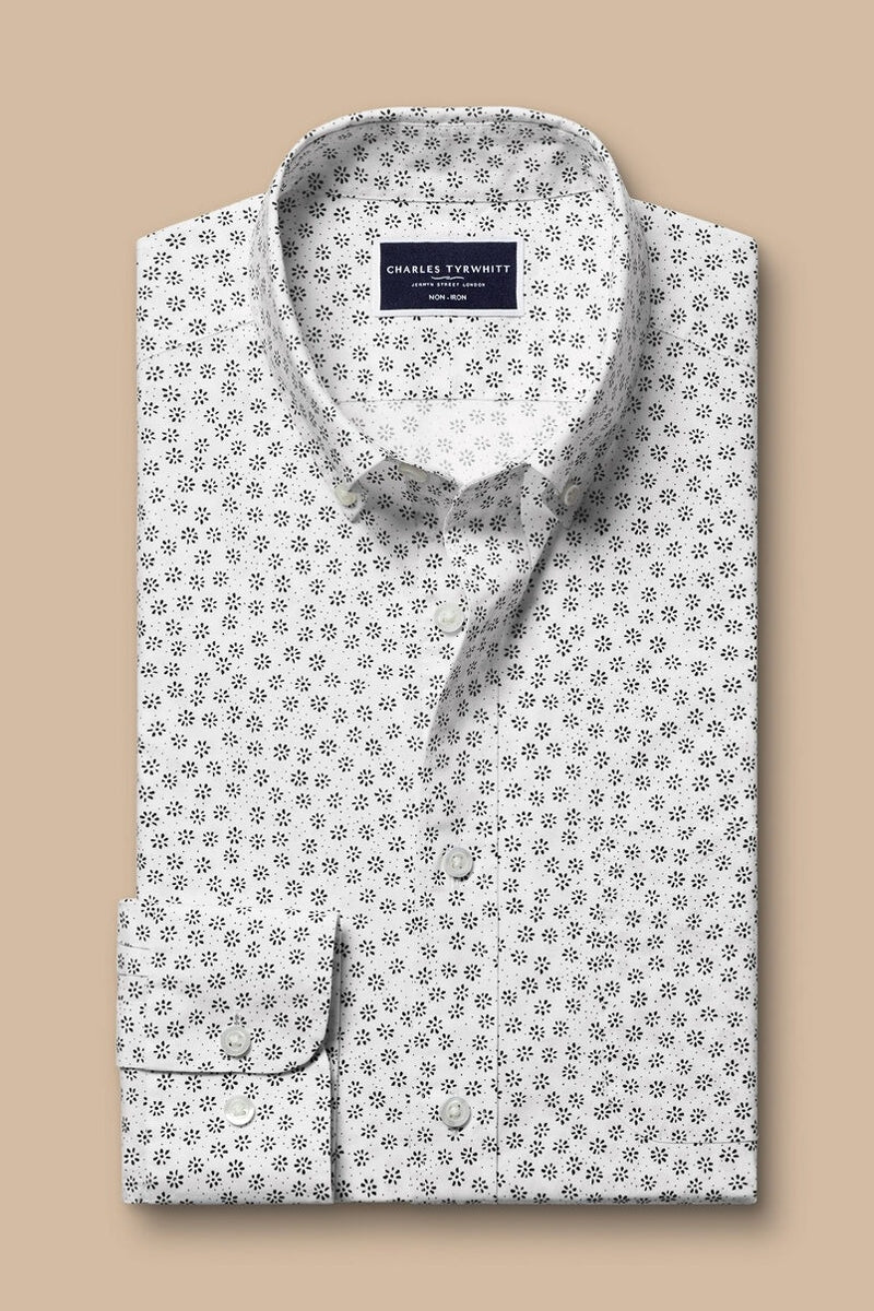 Wholesale,Charles Tyrwhitt, Charles Tyrwhitt White with Black Floral Geo Stretch Shirt, White, Small-39-TagSMedium-42-TagMLarge-45-TagLExtra Large-48-TagXL