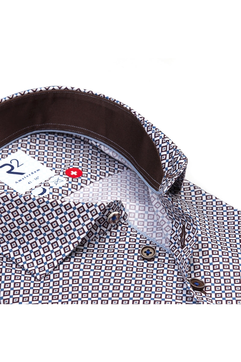 Direct From Brand,R2 Amsterdam, R2 Amsterdam Brown Geo Print Cotton Shirt, Brown, Small-40-Tag38Small-41-Tag39Medium-42-Tag40Large-45-Tag42Large-47-Tag43Extra Large-49-Tag44Medium-44-Tag41