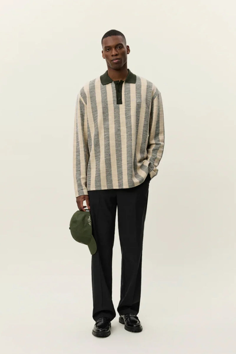 Wholesale,Les Deux, Les Deux Olive with Tan Striped Jacquard Jersey Textured Knit Polo, Green, Small-46-TagS