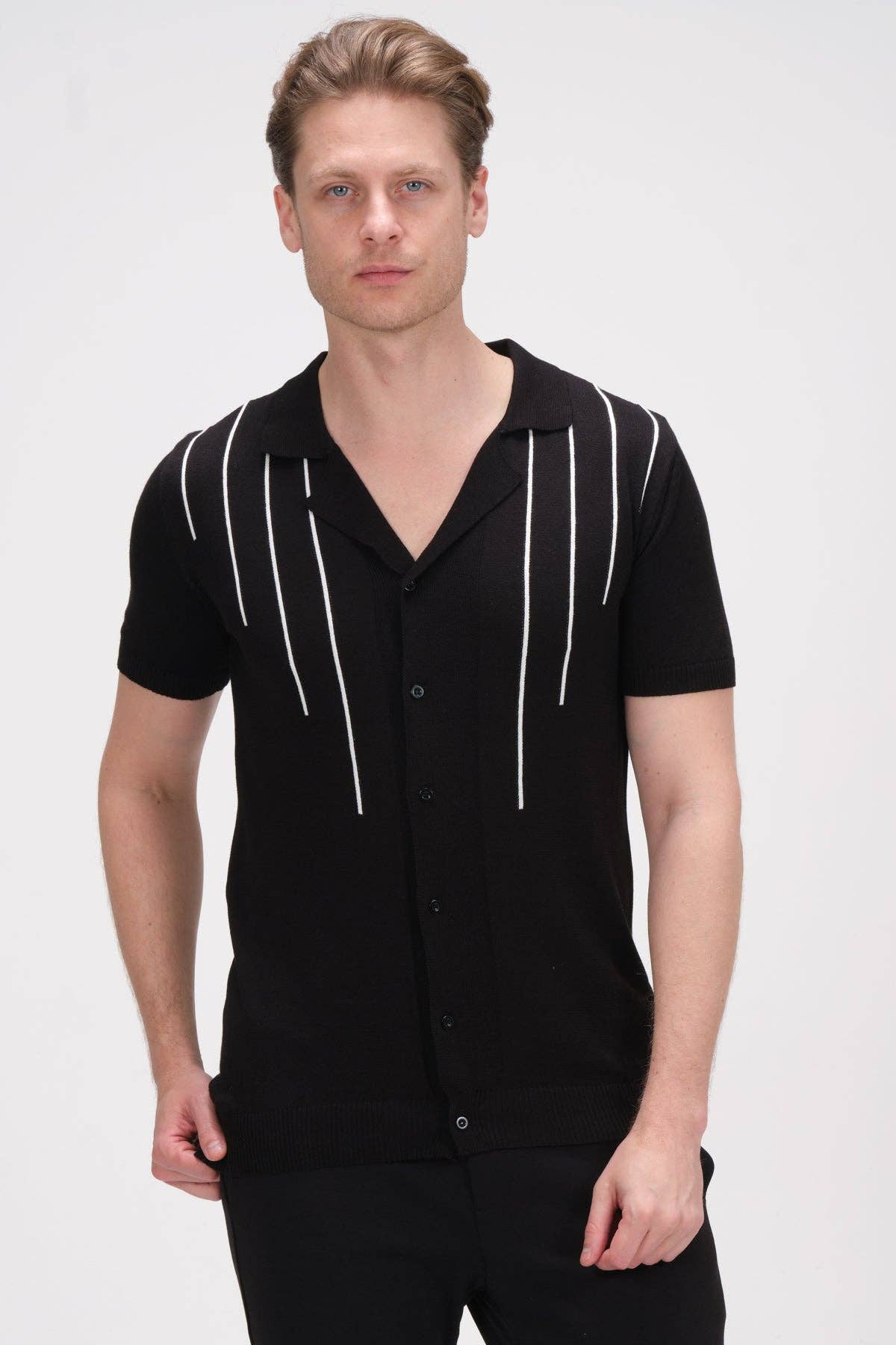 Faire,RNT 23, RNT 23 Black Camp Collar With White Line Detail Short Sleeve Knit Button Up, , 