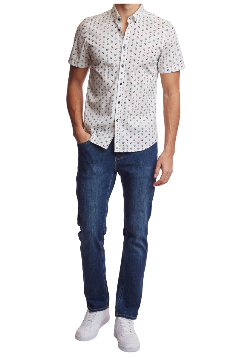 Wholesale,Paisley & Gray, Paisley & Gray White Fleur De Lis Print Short Sleeve Shirt, White, Small-40-TagM