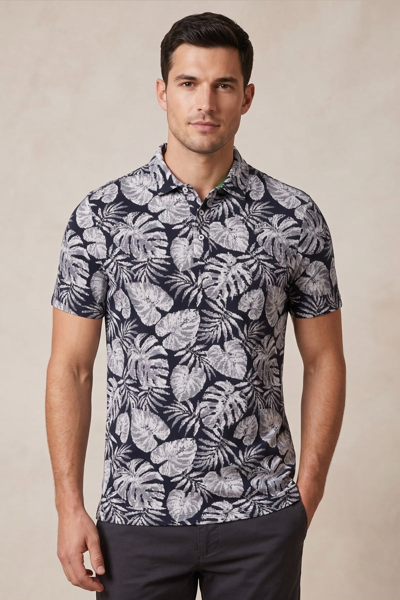 Faire,Guide London, Guide London Navy Tropical Leaf Print Jacquard Short Sleeve Polo, Blue, Large-44-TagXXLExtra Large-45-TagXLMedium-42-TagXLLarge-43-TagXLSmall-40-TagSExtra Large-46-TagXXXL