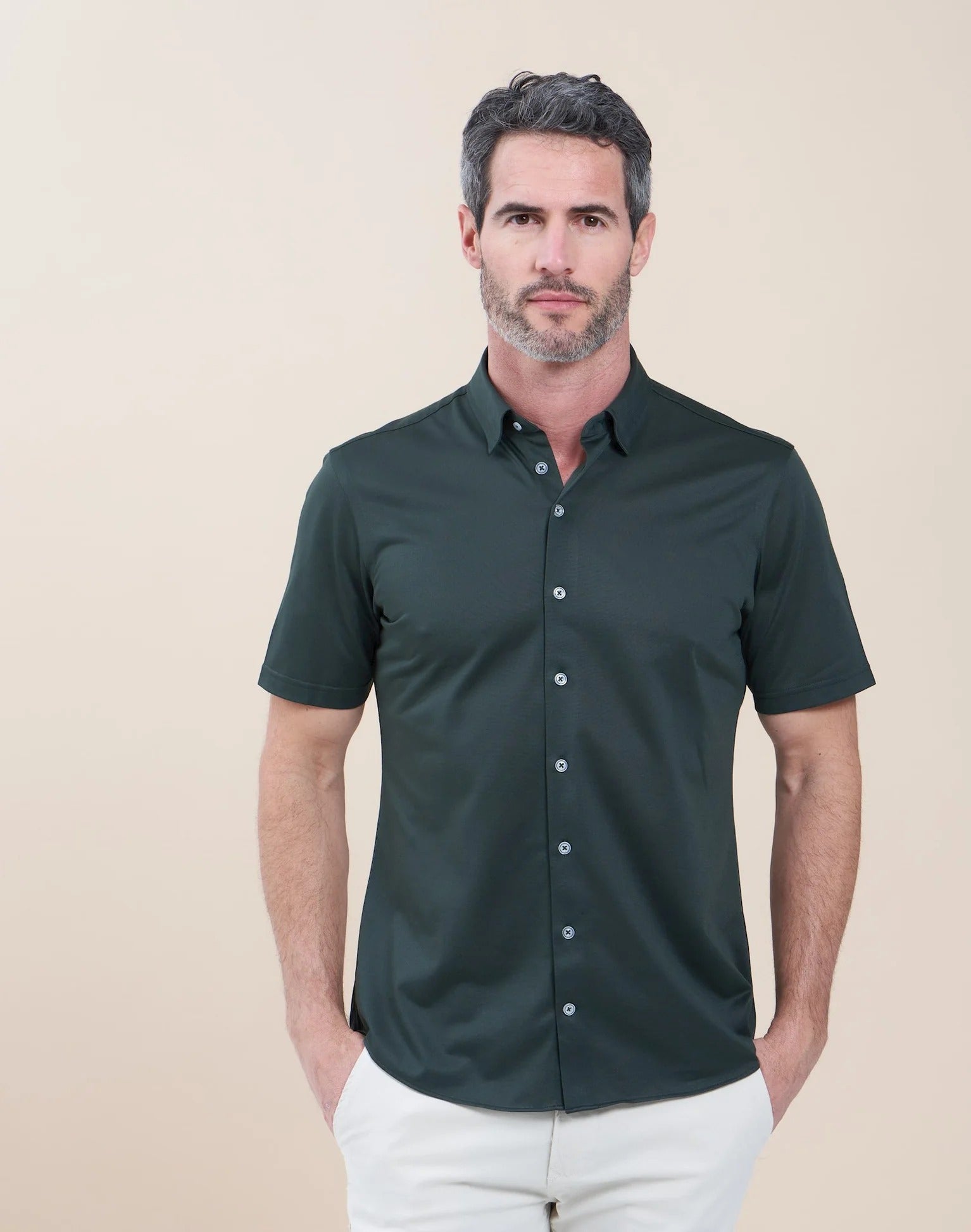 Brand Partner,R2 Amsterdam, R2 Amsterdam Dark Green Knitted Pique Short Sleeve Shirt, Green, Medium-42-Tag40