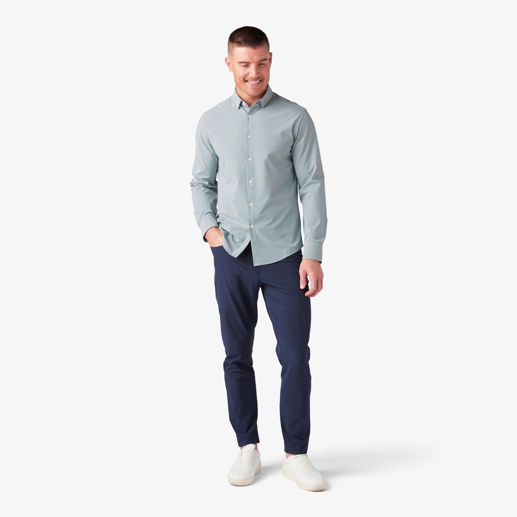 Wholesale,Mizzen + Main, Mizzen + Main Green Check Trim No Tuck Four-way Stretch Long Sleeve Shirt, Green, Medium-42-TagM