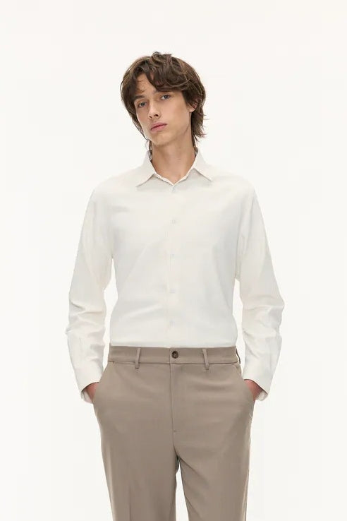 Direct From Brand,FYNE, FYNE Beige/Tan Striped Four-way Stretch Shirt, Cream, Large-47-TagL