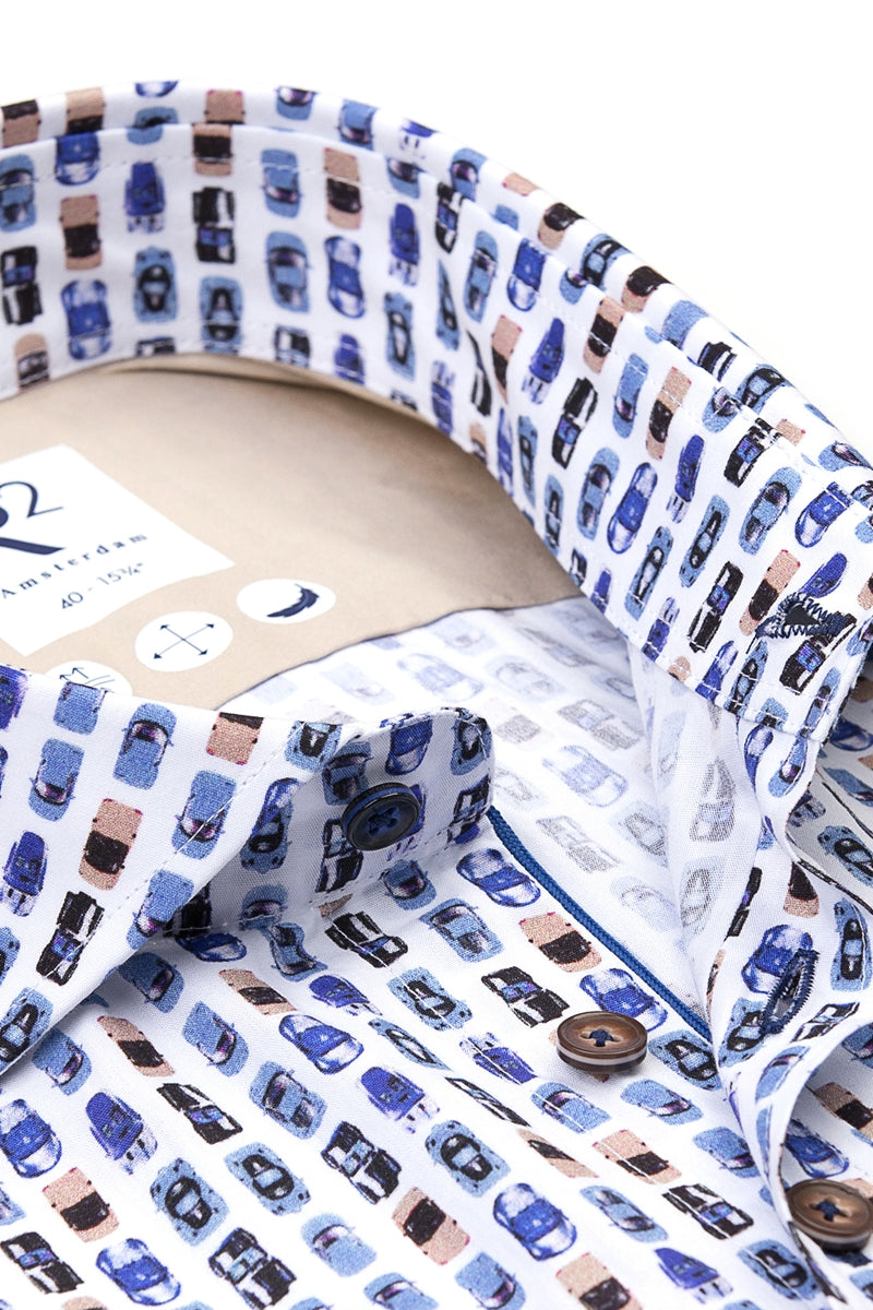 Direct From Brand,R2 Amsterdam, R2 Amsterdam Multicolor Car Print Short Sleeve Button Up Shirt, White, Medium-42-Tag39Medium-43-Tag40Medium-44-Tag41Extra Large-48-Tag43Large-46-Tag42