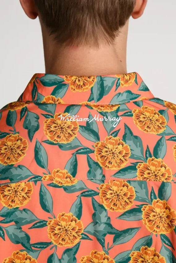 Faire,William Murray Golf, William Murray Golf Orange/Green Tropical Print Short Sleeve Shirt, Orange, Extra Large-49-TagXL