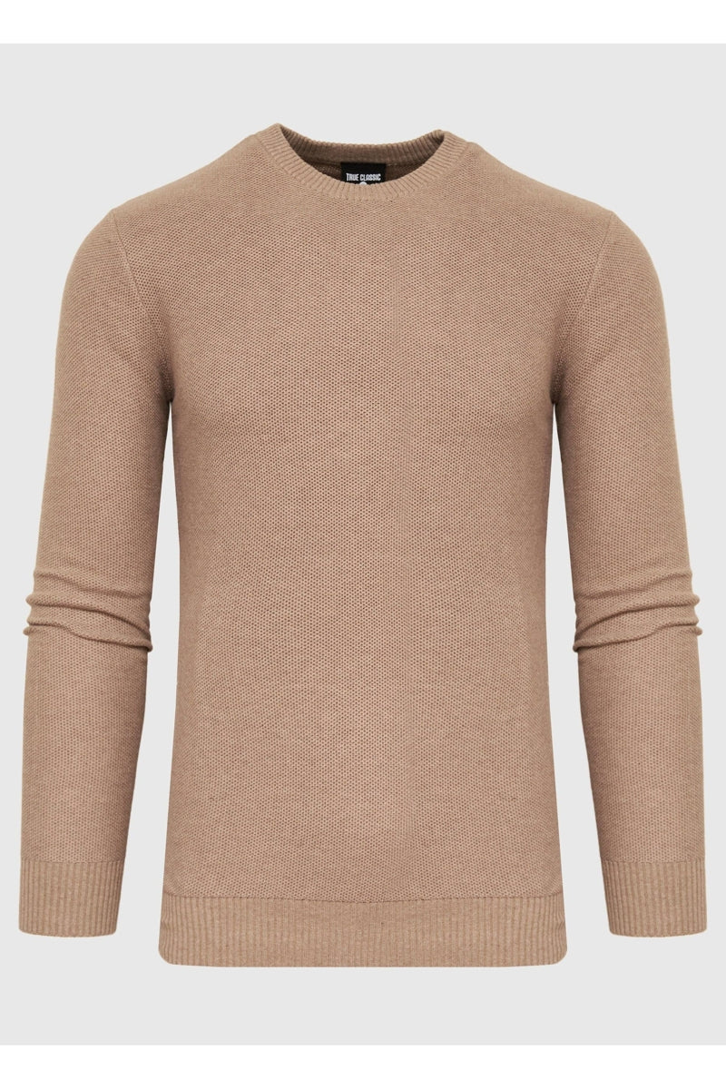 Faire,True Classic, True Classic Heather Camel Pique Crew Neck Sweater, Tan, Medium-38-TagM