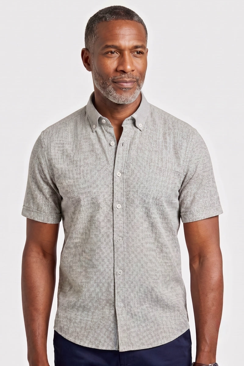 Faire,Guide London, Guide London Sage Green Textured Weave Short Sleeve Button Up Shirt, Green, Medium-43-TagL