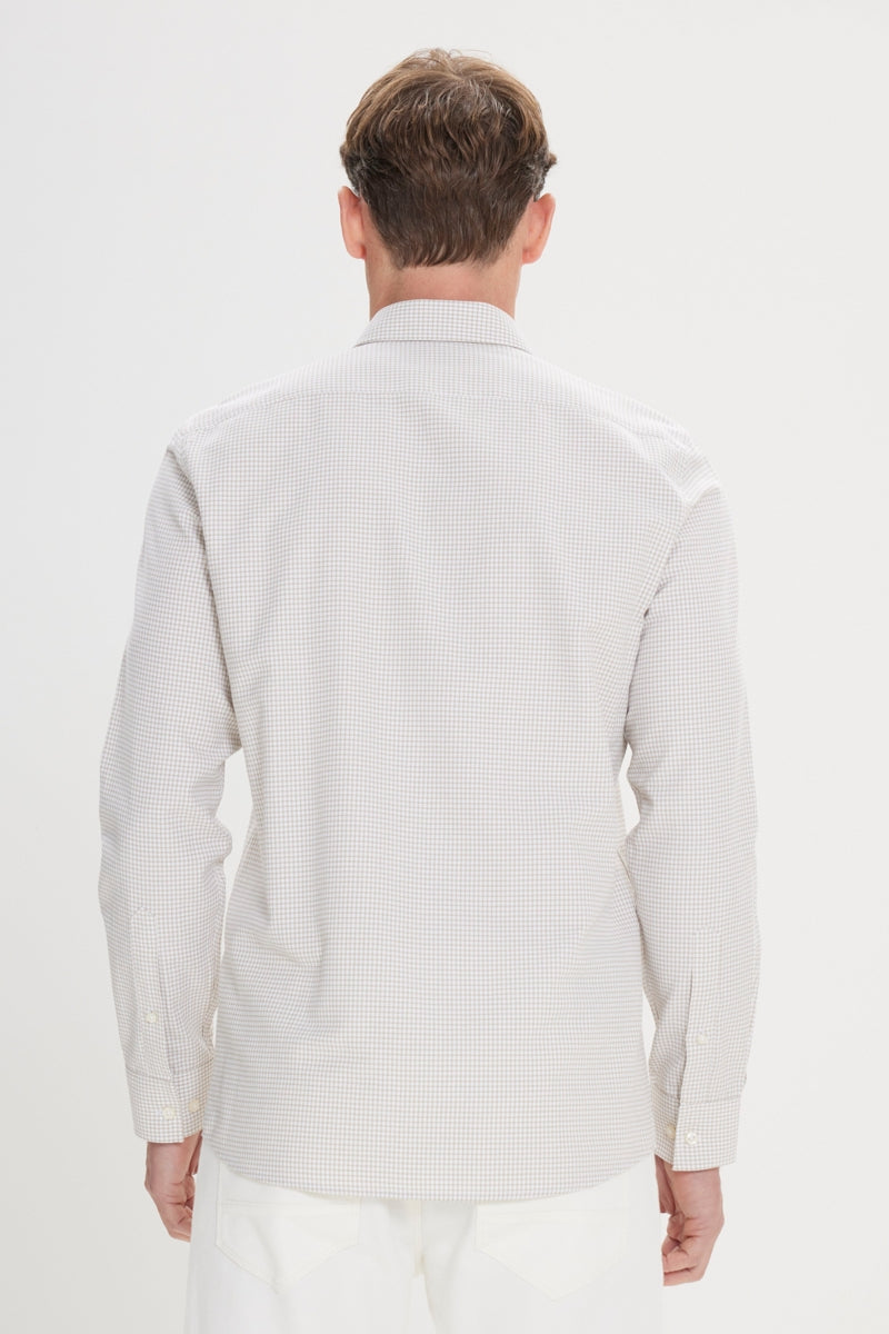 Wholesale,Altinyildiz Classics, Altinyildiz Classics Beige/White Plaid Seersucker Patterned Slim Fit Shirt, Tan, Small-38-TagSMedium-41-TagMLarge-44-TagLExtra Large-47-TagXL