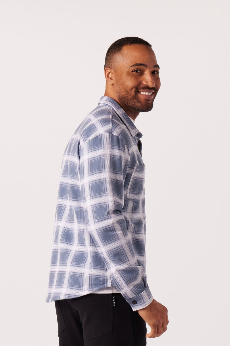 Wholesale,Glyder, Glyder Washed Blue Plaid Snap Front Overshirt, Blue, Small-42-TagSMedium-45-TagMLarge-48-TagLExtra Large-50-TagXLExtra Extra Large-54-TagXXL