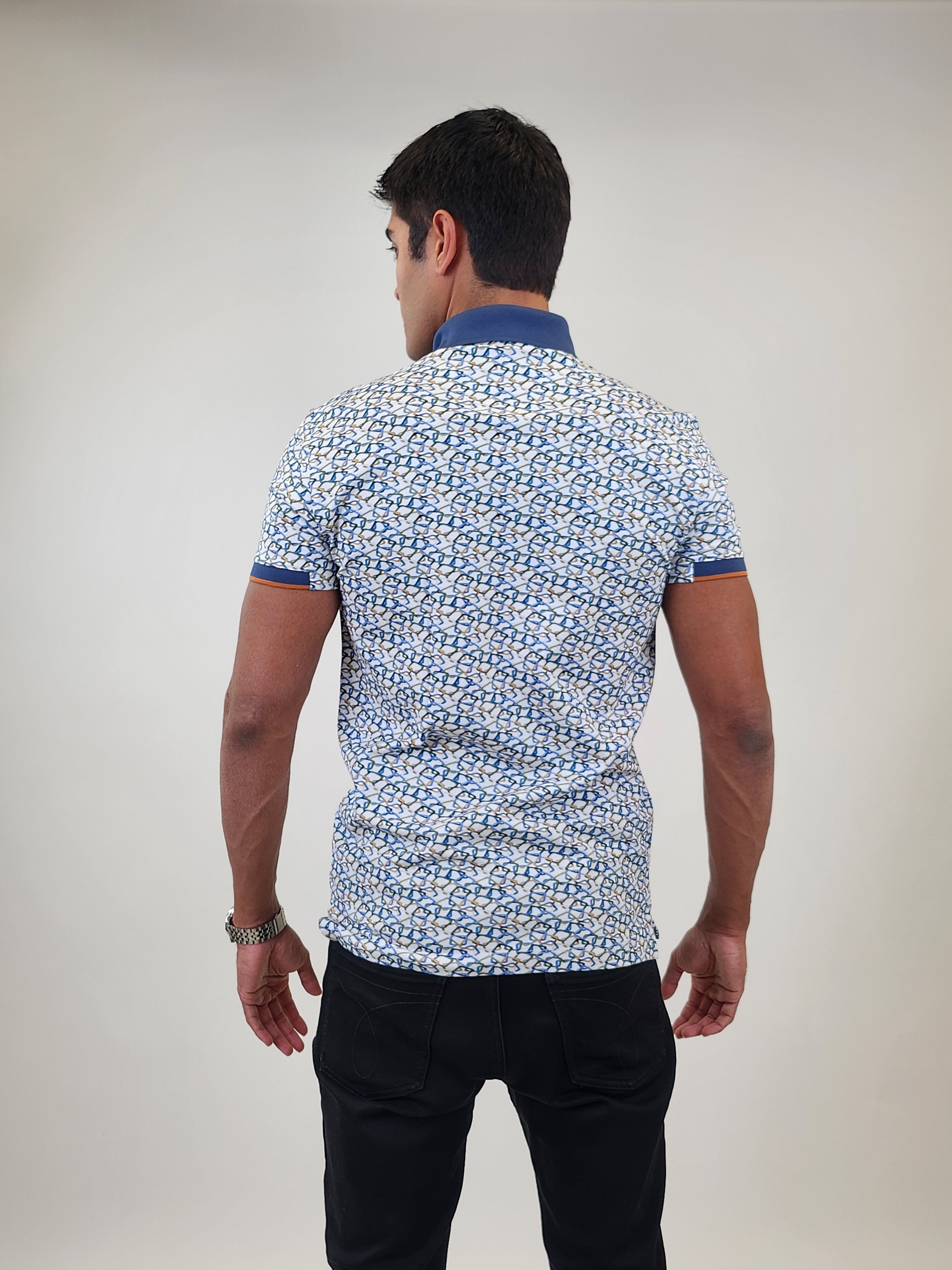 Brand Partner,R2 Amsterdam, R2 Amsterdam White/Blue Chain Print Pique Polo, White, Medium-40-TagM