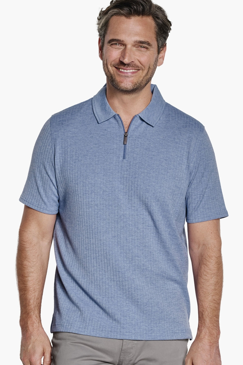 Wholesale,Johnston & Murphy, Johnston & Murphy Blue Ribbed Qtr Zip Polo, Blue, Large-48-TagL
