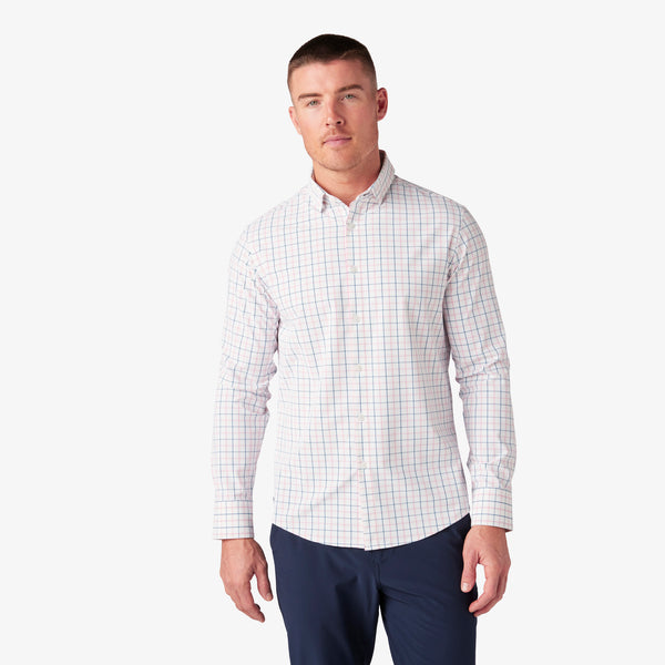 Mizzen + Main Pink/Blue Plaid Trim No Tuck Four-way Stretch Long Sleeve Leeward Dress Shirt