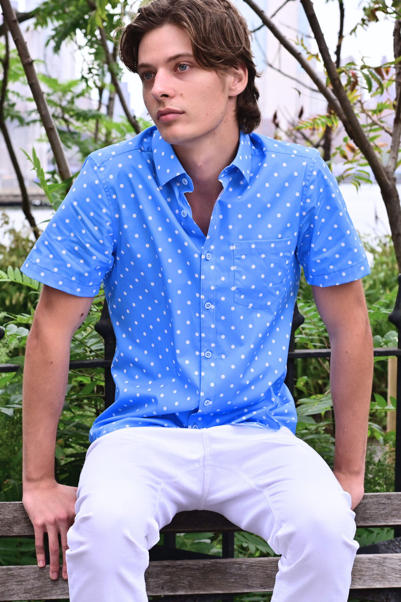 Paisley & Gray Sky Blue/White Polka Dot Print Short Sleeve Shirt