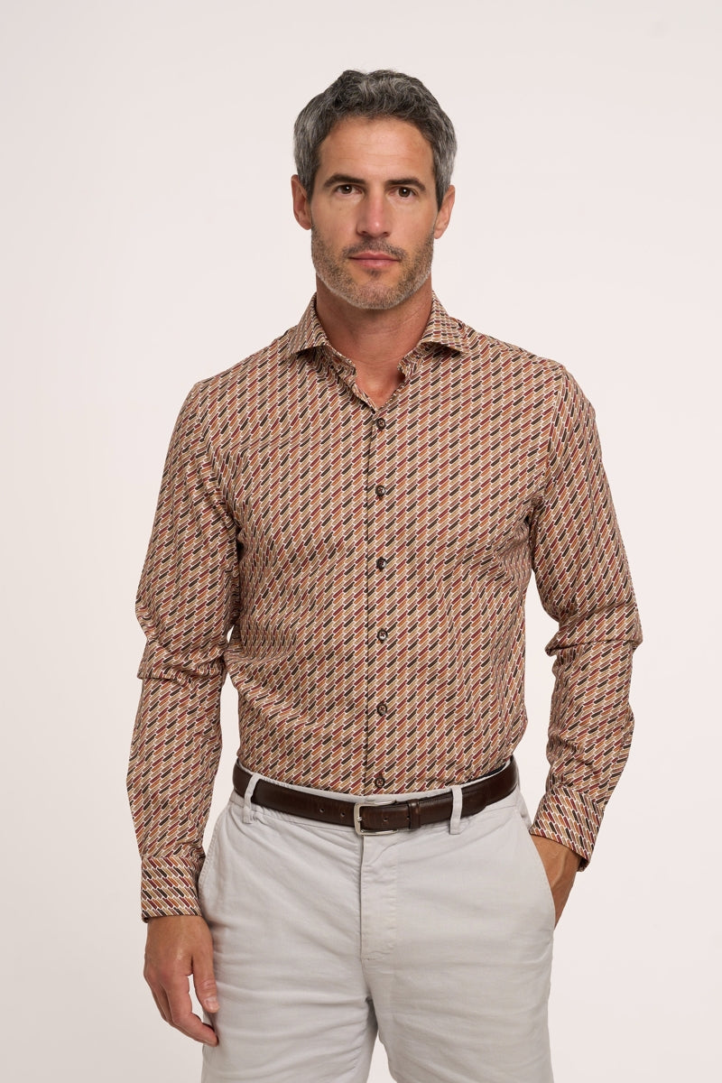 Direct From Brand,R2 Amsterdam, R2 Amsterdam Brown Sofa Print Stretch Shirt, Brown, Medium-42-Tag40Medium-44-Tag41Extra Large-48-Tag43Large-46-Tag42