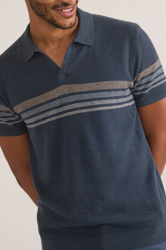 Wholesale,Marine Layer, Marine Layer Navy with Neutral Stripe Sweater Polo, Blue, Medium-42-TagM