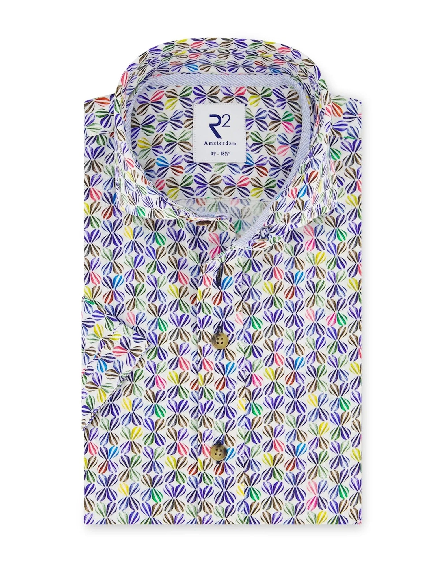 Brand Partner,R2 Amsterdam, R2 Amsterdam Multicolor Air Balloon Print Stretch Woven Short Sleeve Shirt, White, Large-44-Tag41Large-46-Tag42