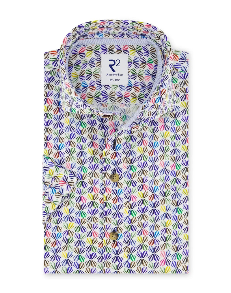 R2 Amsterdam Multicolor Air Balloon Print Stretch Woven Short Sleeve Shirt