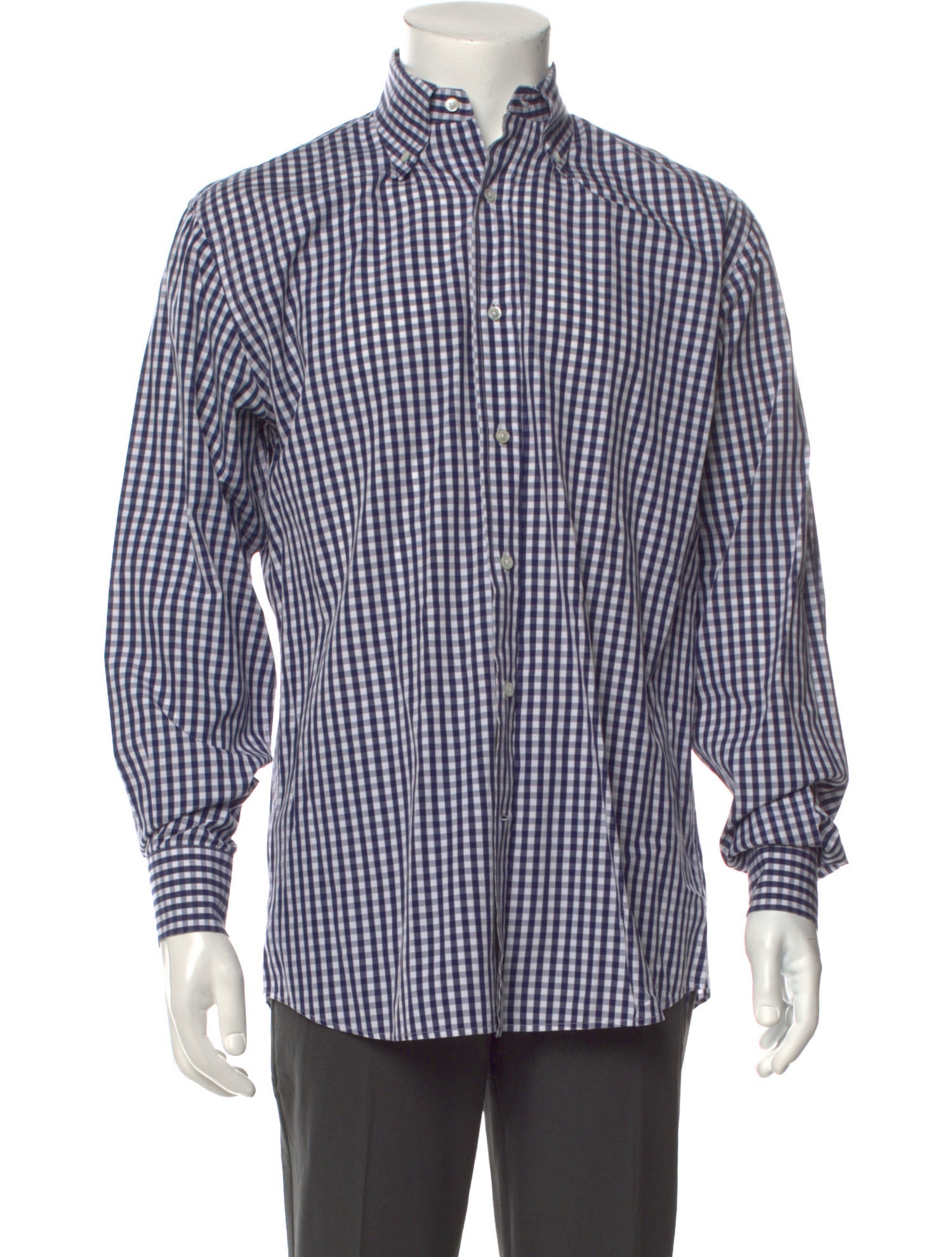 RealReal,Bergdorf Goodman, Bergdorf Goodman Navy/White Plaid Print Long Sleeve Dress Shirt with One-Button Rounded Cuffs, Blue, Medium-44-TagM