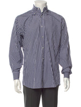 Bergdorf Goodman Navy/White Plaid Print Long Sleeve Dress Shirt with One-Button Rounded Cuffs