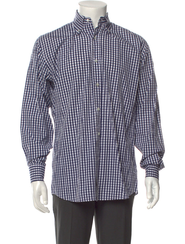 Bergdorf Goodman Navy/White Plaid Print Long Sleeve Dress Shirt with One-Button Rounded Cuffs