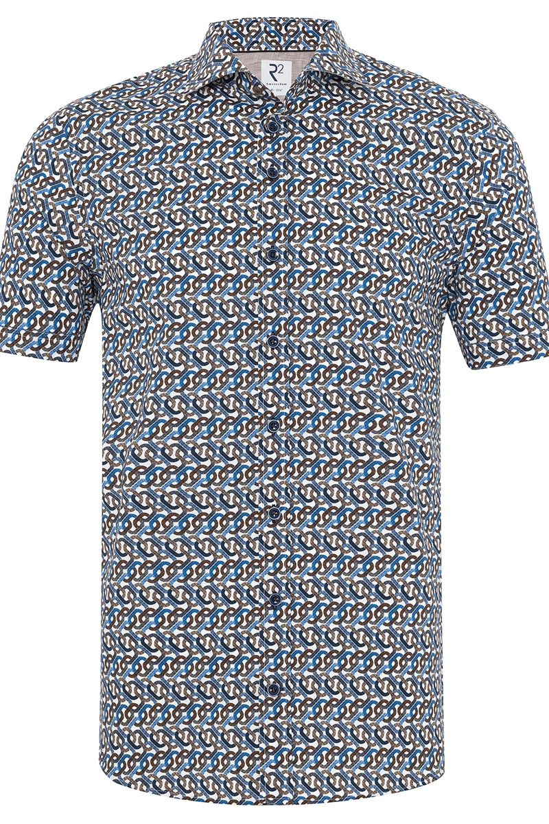 Direct From Brand,R2 Amsterdam, R2 Amsterdam Blue/Brown Chain Print Short Sleeve Button Up Shirt, Blue, Medium-43-Tag40Large-45-Tag41
