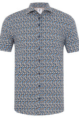 R2 Amsterdam Blue/Brown Chain Print Short Sleeve Button Up Shirt