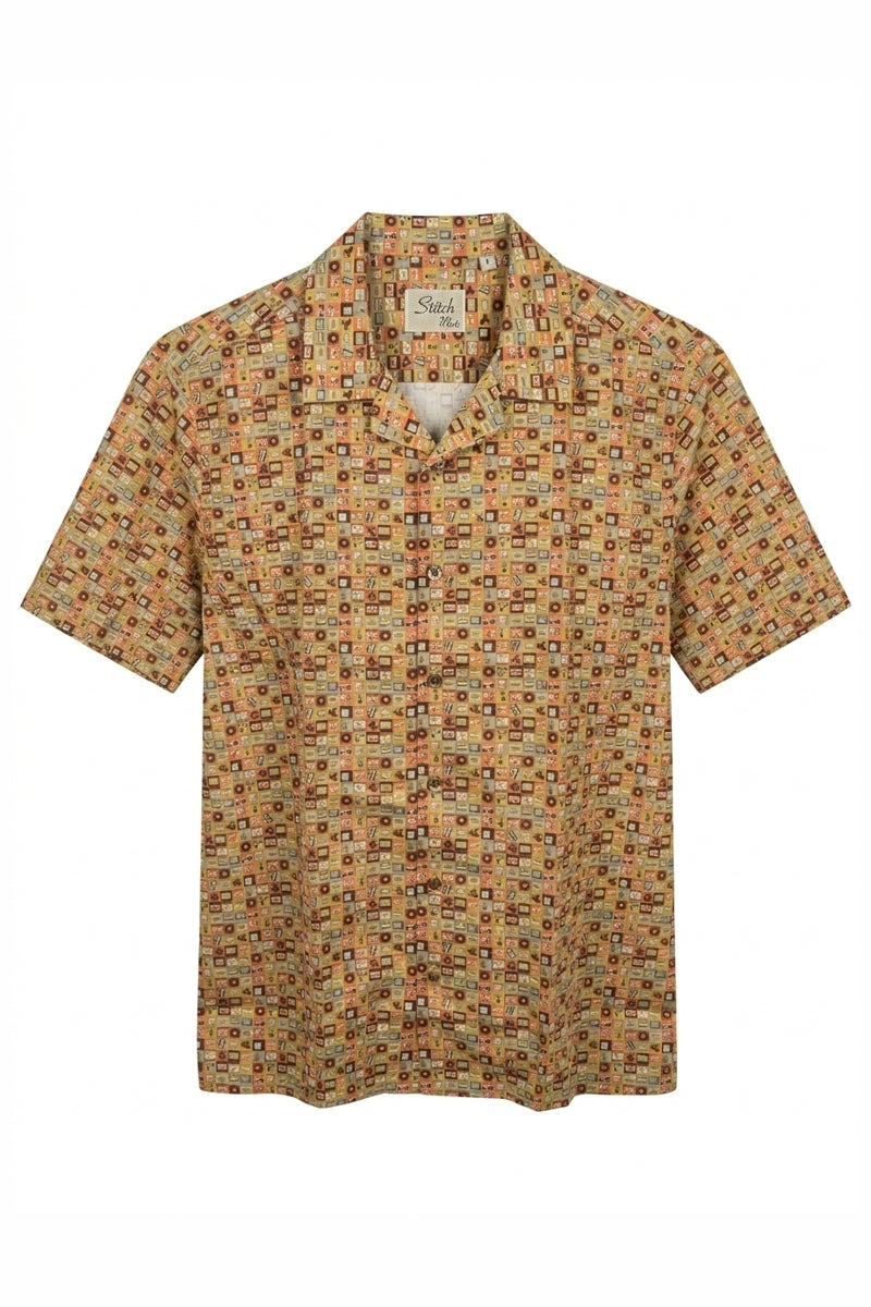 Direct From Brand,Stitch Note, Stitch Note Mustard Yellow Retro Cassette & Camera Print Button Up Shirt, Yellow, Large-45-TagL