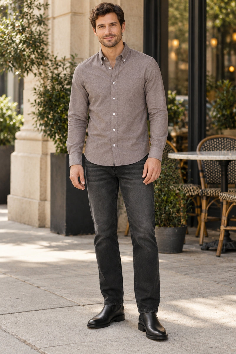 Faire,Alynn, Alynn Brown Chambray Slightly Brushed Slim Fit Shirt, Brown, Medium-42-TagM