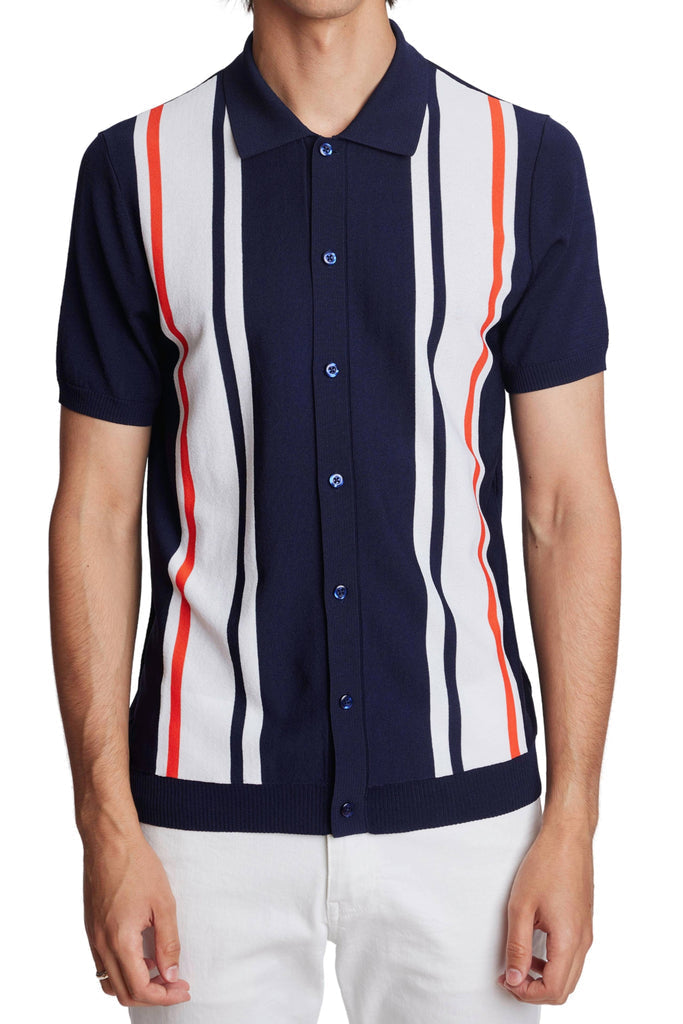 Wholesale,Paisley & Gray, Paisley & Gray Navy Full Placket Polo with Bold White/Orange Stripe, Blue, Small-38-TagSMedium-40-TagMMedium-42-TagLLarge-44-TagXLExtra Large-46-TagXXL
