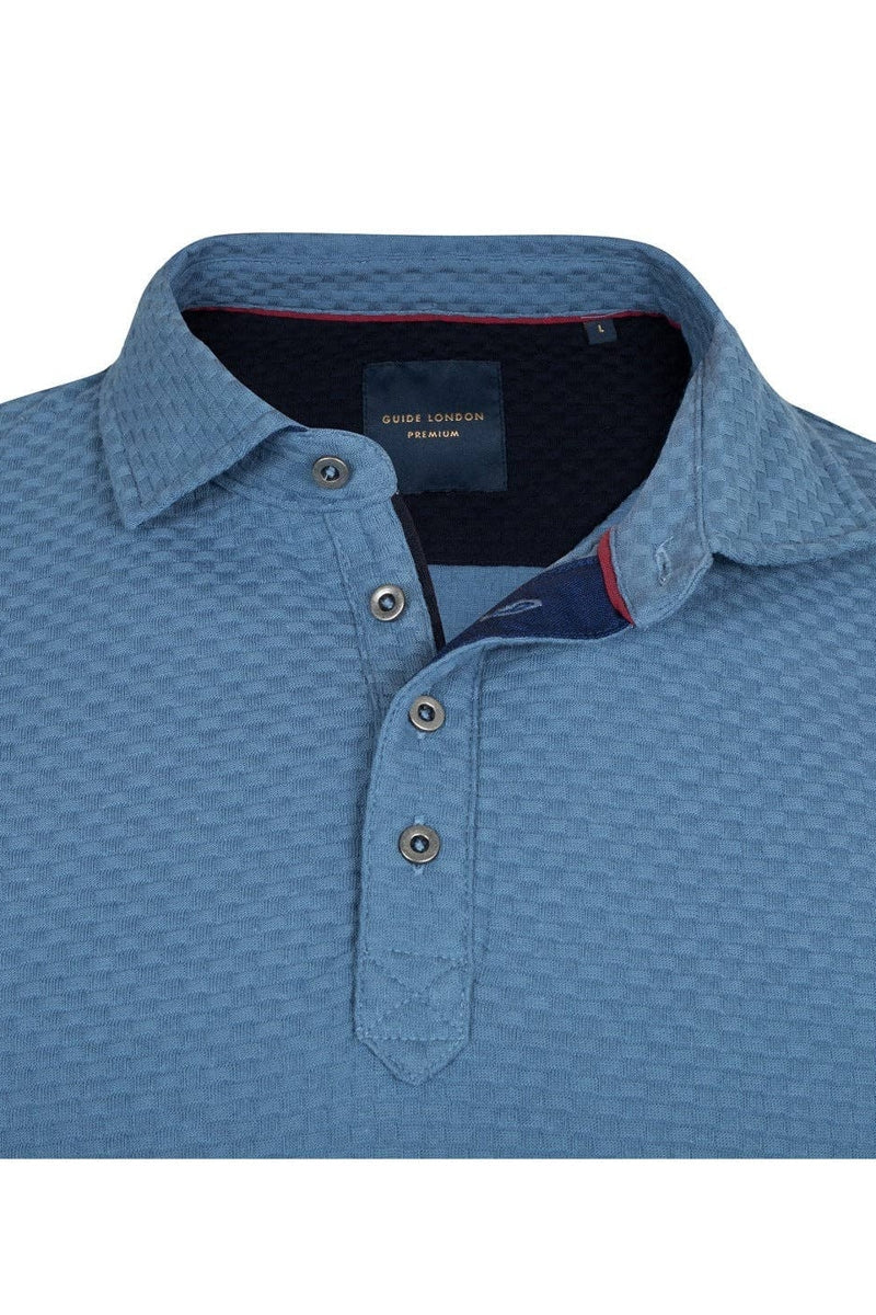 Faire,Guide London, Guide London Blue Textured Jacquard Jersey Three Button Polo, Blue, Extra Extra Large-46-TagXXL