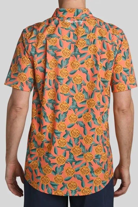 Faire,William Murray Golf, William Murray Golf Orange/Green Tropical Print Short Sleeve Shirt, Orange, Small-42-TagSMedium-44-TagMLarge-46-TagLExtra Large-49-TagXLExtra Extra Large-51-TagXXL