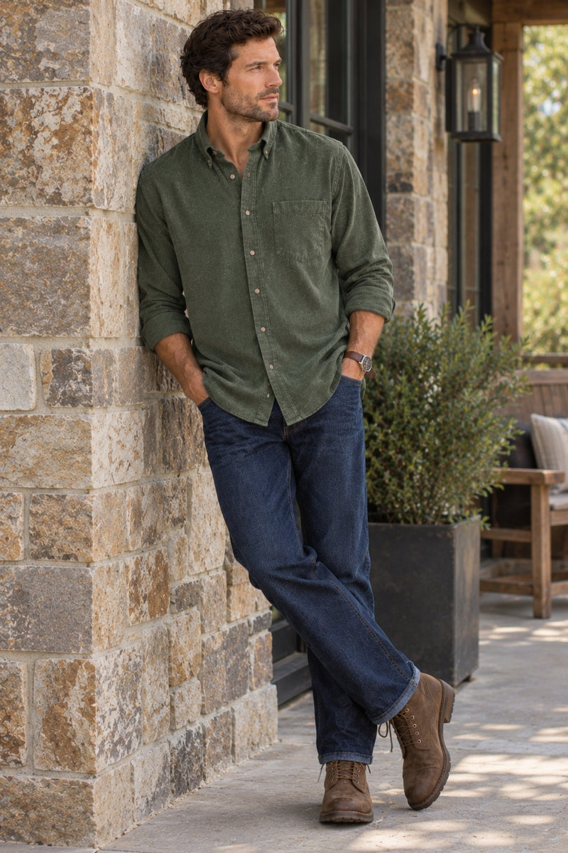 Wholesale,Johnston & Murphy, Johnston & Murphy Olive Textured Corduroy Shirt, Green, Large-48-TagL